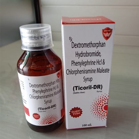Product Name: Ticoril DR, Compositions of Ticoril DR are dextromethorphan Hydrobromide Phenylphrine HCL & Chlorpheniramine Maleate Syrup - Aviotic Healthcare Pvt. Ltd
