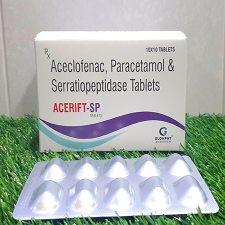 Product Name: Acerift sp, Compositions of Acerift sp are Aceclofenac, Paracetamol & Serratiopeptidase Tablets - Glomphy Biotech