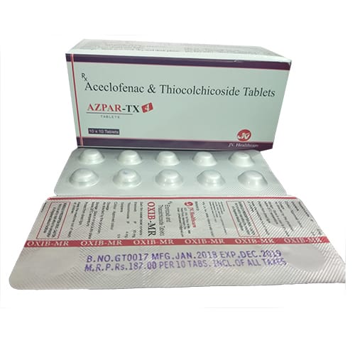 Product Name: AZPAR TX 4mg Tablets, Compositions of Aceclofenac 100mg  - Thiocolchicoside 4mg are Aceclofenac 100mg  - Thiocolchicoside 4mg - JV Healthcare