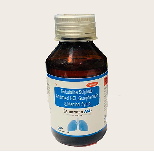 Product Name: AMBROTEC AM, Compositions of AMBROTEC AM are Terbutaline Sulphate, Ambroxol Hcl, Guaiphensin & Menthol Syrup - Tecnex Pharma