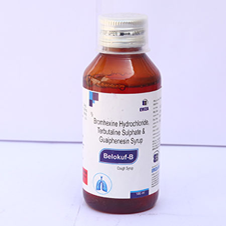 Product Name: Bellokuf B, Compositions of Bellokuf B are Bromhexine Hydrochloride Terbutaline Sulphate & Guaiphensin Syrup - Eviza Biotech Pvt. Ltd