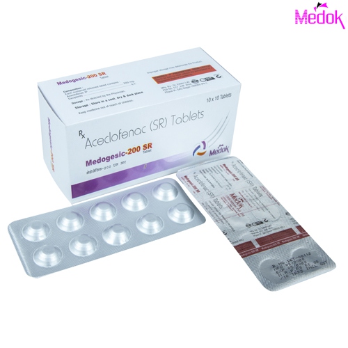 Product Name: Medogesic 200 SR, Compositions of Medogesic 200 SR are Aceclofenac 200mg SR (Alu-Alu) - Medok Life Sciences Pvt. Ltd