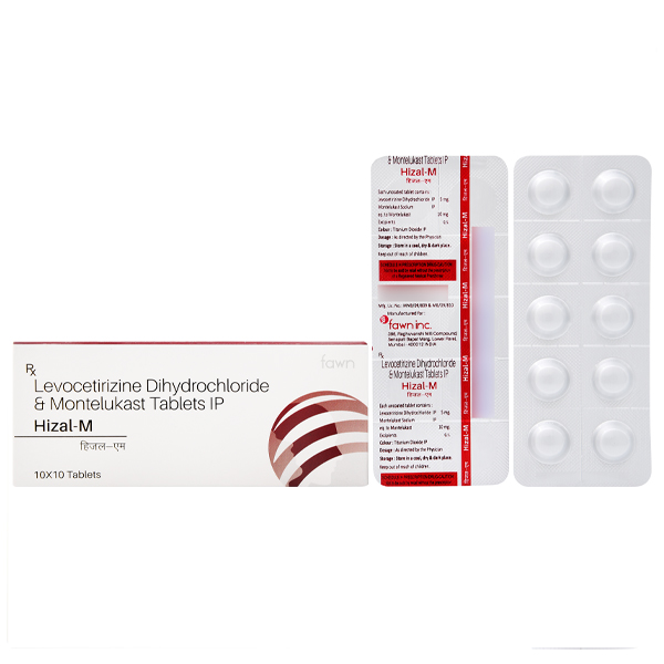 Product Name: HIZAL M , Compositions of Levocetirizine Dihydrochloride 5mg + Montelukast 10 mg.  are Levocetirizine Dihydrochloride 5mg + Montelukast 10 mg.  - Fawn Incorporation