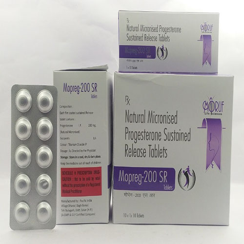 Product Name: Mopreg 200 Sr, Compositions of Mopreg 200 Sr are Natural Micronised Progesterone Sustained Release Tablets - Arlak Biotech