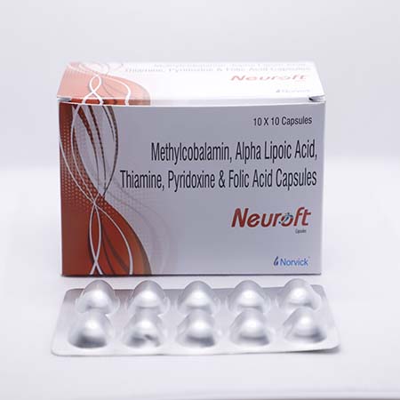 Product Name: Neuroft, Compositions of Neuroft are Methylcobalamin, Alpha Lipoic Acid, Thiamine, Pyridoxine & Folic Acid Capsules - Norvick Lifesciences