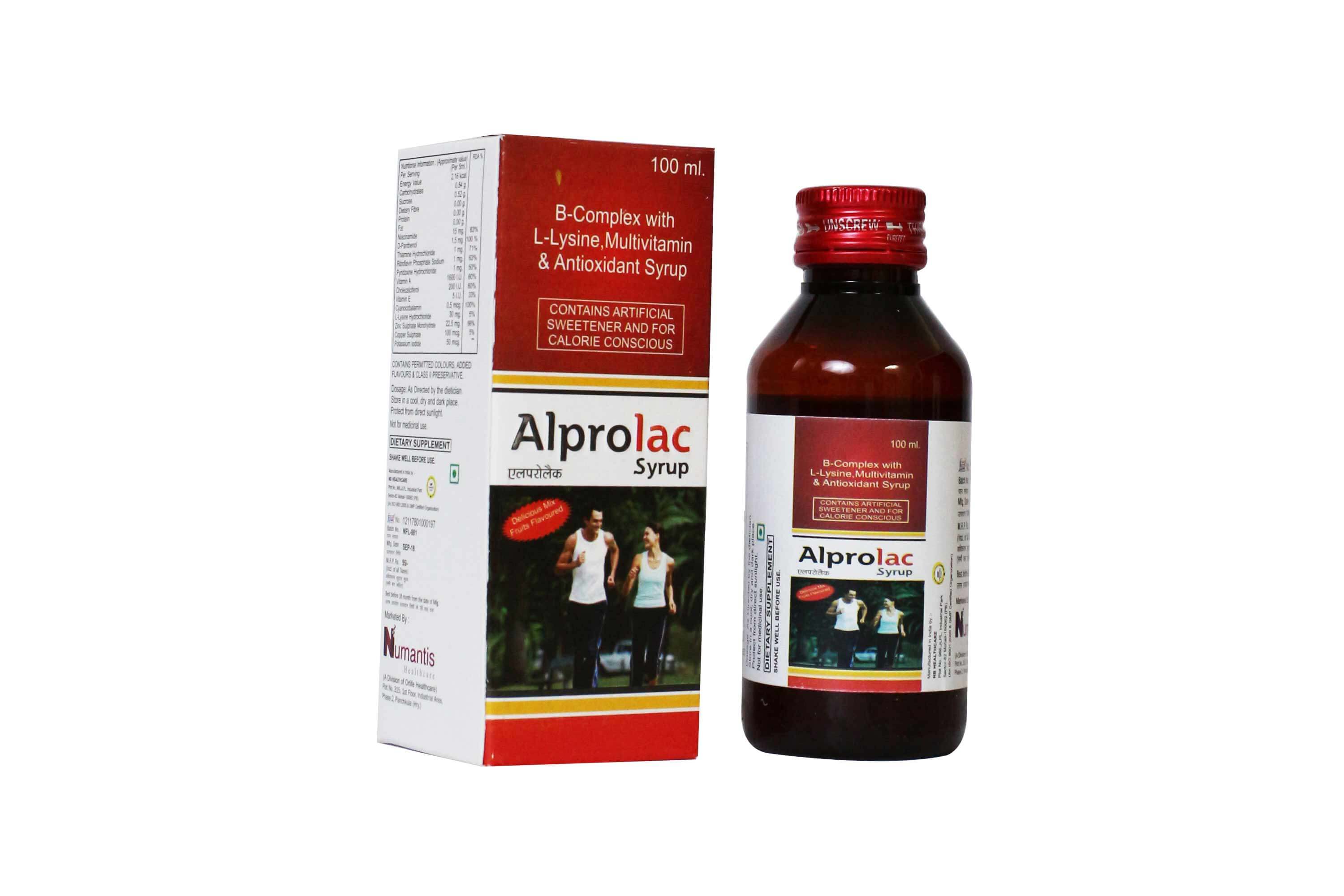 Product Name: Alprolac Syrup, Compositions of Alprolac Syrup are B-Complex with L-Lysine, Multivitamin & Antioxidant Syrup - Numantis Healthcare