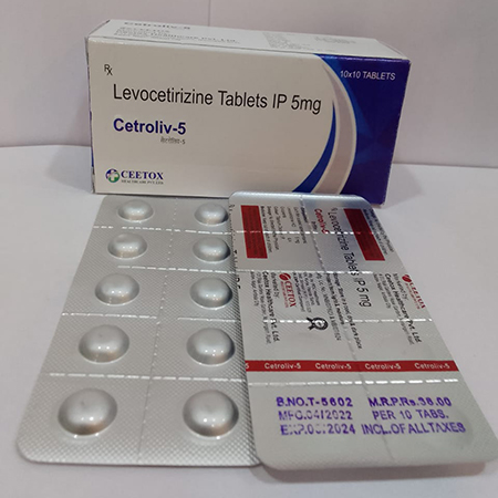 Product Name: Cetroliv 5, Compositions of Cetroliv 5 are Levocetirizine Tablets IP 5mg - Ceetox HealthCare Private Limited