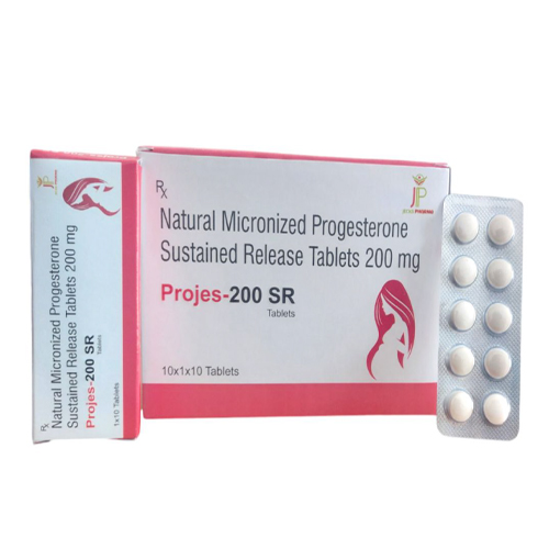 Product Name: Projes200SR, Compositions of Projes200SR are Natural Micronized Progesterone Sustained Release Tablets 200mg - Jecks Pharma