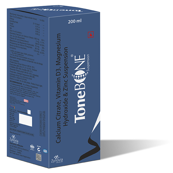 Product Name: ToneBONE, Compositions of ToneBONE are Calcium Citrate, Vitamin D3, Magnesium Hydroxide & Zinc Suspension - Zynovia Lifecare