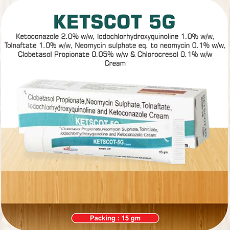 Product Name: Ketscot 5G, Compositions of Ketscot 5G are Ketoconazole 2.0% w/w,Lodochlorhydroxyquinoline 1.0% w/w,Tolnafate 1.0% w/w,Neomycin Sulphate eq to Neomycin 0.1% w/w,Clobetasol Propionate 0.05% w/w & Chlorocresol 0.1% w/w Cream - Scothuman Lifesciences