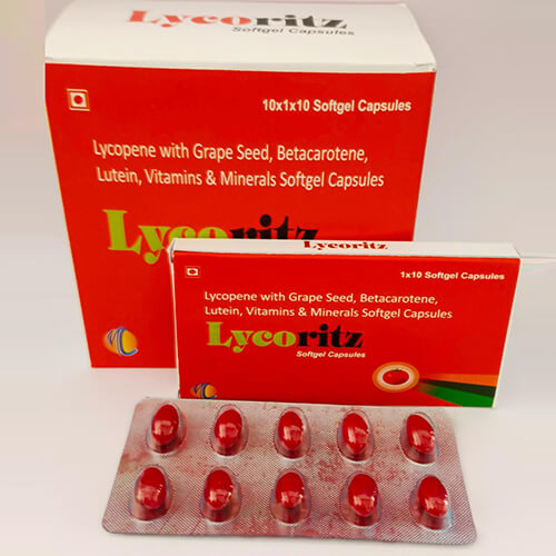 Product Name: Lycoritz, Compositions of Lycoritz are Lycopene with Grape Seed Extract,Betacoratene,Lutien,Vitamin & Minerals Softgel Capsules - Macro Labs Pvt Ltd