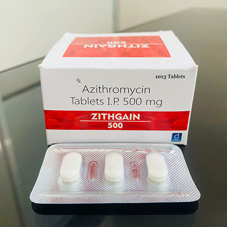 Product Name: Zithgain, Compositions of Zithgain are Azithromycin Tablets IP 500 mg - Gainmed Biotech Private Limited