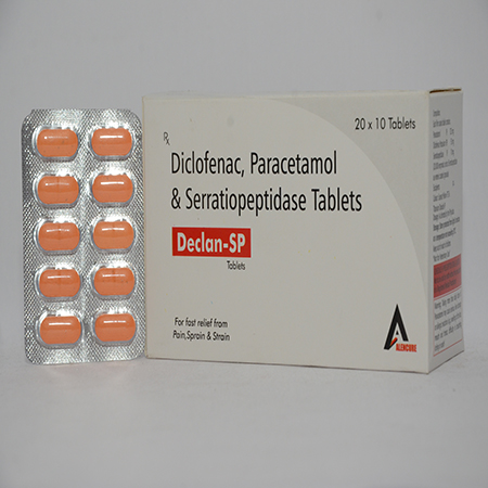 Product Name: DECLAN SP, Compositions of DECLAN SP are Diclofenac, Paracetamol & Serratiopeptidase Tablets - Alencure Biotech Pvt Ltd
