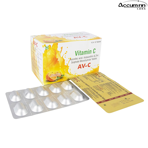 Product Name: AV C, Compositions of AV C are Ascrobic acid, Astaxanthin & ZInc Sulphate Monohydrayes Tablets - Accuminn Labs