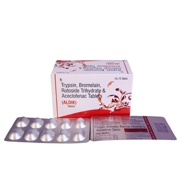 Product Name: Aldik, Compositions of Aldik are TRYPSIN IP 48MG+BROMELAIN 90MG+ RUTOSIDE TRIHYDRATE BP100MG+ ACECLOFENAC IP 100MG - Paras Laboratories Ltd