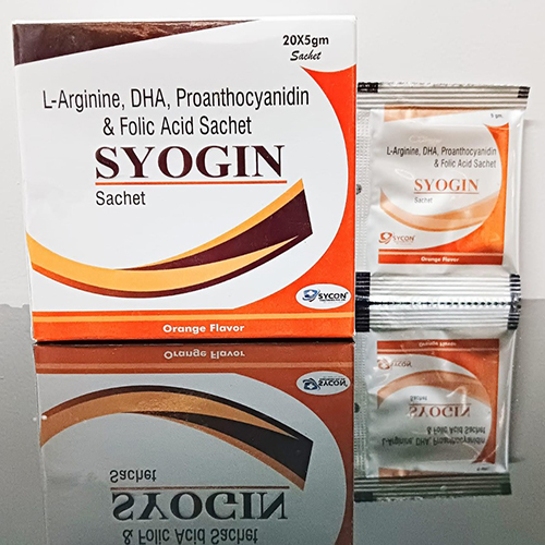 Product Name: Syogin, Compositions of are L-Arginine, DHA ,Proanthocyanidin & Folic Acid Sachet - Sycon Healthcare Private Limited