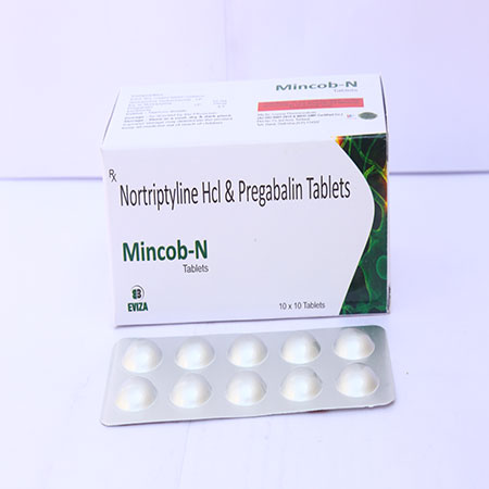 Product Name: Mincob N, Compositions of Mincob N are Nortriptyline HCL & Pregabalin Tablets - Eviza Biotech Pvt. Ltd