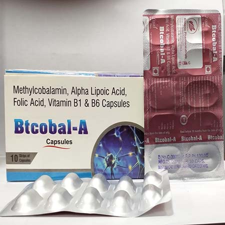 Product Name: Btcobal A, Compositions of Btcobal A are Methylcobalamin, Alpha Lipoic Acid,Folic Acid,Vitamin B1 & B6 Capsules - Biotanic Pharmaceuticals
