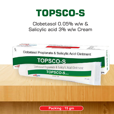 Product Name: Topsco S, Compositions of Topsco S are Clobetasol 0.05%  w/w  & Salicylic acid 3% w/w Cream - Scothuman Lifesciences