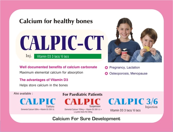 Product Name: Calpic CT, Compositions of Calpic CT are Elemental Calcium + Vitamin D3 - Biotropics Formulations