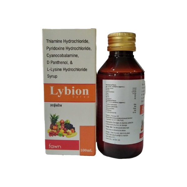 Product Name: LYBION, Compositions of Thiamine Hcl. 10mg +Pyridoxine Hcl. 3mg + Cyanocobalamine 15mcg +D Panthenol 5mg + L Lysine Hcl. 150 mg Syrup are Thiamine Hcl. 10mg +Pyridoxine Hcl. 3mg + Cyanocobalamine 15mcg +D Panthenol 5mg + L Lysine Hcl. 150 mg Syrup - Fawn Incorporation