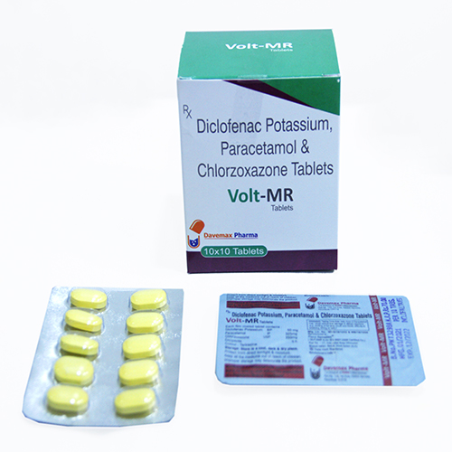 Product Name: Volt MR, Compositions of Volt MR are Diclofenac Potassium, Paracetamol & Chlorzoxazone Tablets - Davemax Pharma