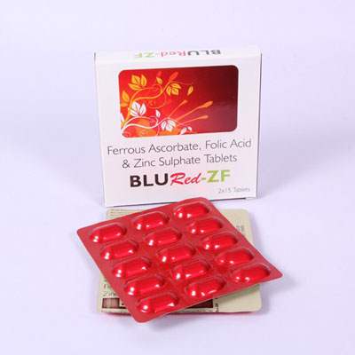 Product Name: Blu red zf, Compositions of Blu red zf are Ferrous Ascorbate, Folic acid  and  zinc Sulphate - Bluewaterresearch