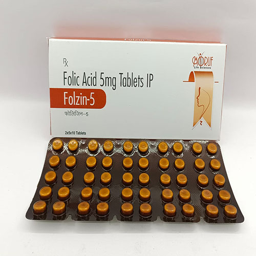 Product Name: Folzin 5, Compositions of Folzin 5 are Folic Acid 5 mg Tablets IP - Arlak Biotech