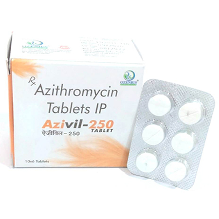 Product Name: AZIVIL 250, Compositions of AZIVIL 250 are Azithromycin Tablets IP - Ozenius Pharmaceutials