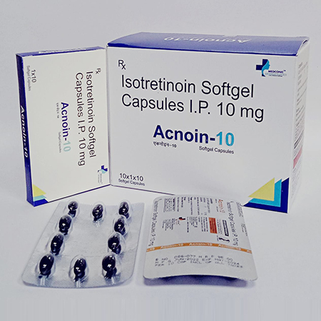 Product Name: Acnoin 10, Compositions of Acnoin 10 are Isotretinoin Softgel Capsules IP 10 mg - Ronish Bioceuticals