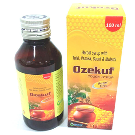 Product Name: OZEKUF, Compositions of OZEKUF are Herbal Syrup with Tulsi, Vasaka, Saunf & Mulethi - Ozenius Pharmaceutials