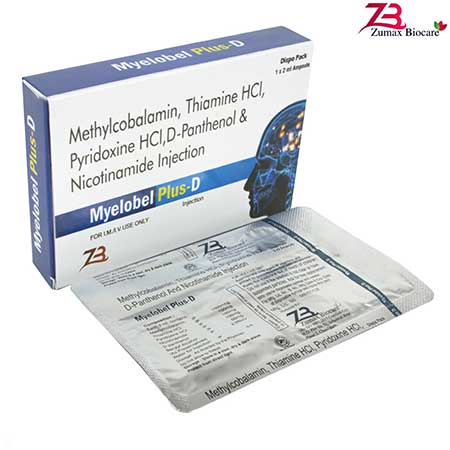 Product Name: Myelobel Plus D, Compositions of Myelobel Plus D are Methylcobalamin,Thiamine Hcl,Pyridoxine Hcl ,D-Panthenol & Nicotinamide Injections - Zumax Biocare