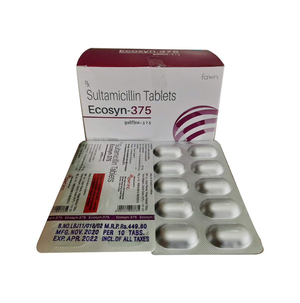 Product Name: ECOSYN 375, Compositions of ECOSYN 375 are Sultamicillin 375 mg. - Fawn Incorporation