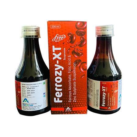 Product Name: FERROZY XT, Compositions of FERROZY XT are Ferrous Ascrobate, Folic Acid & Zinc Sulphate Suspension - Amzy Life Care