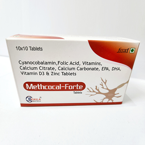 Product Name: Methcocal Forte, Compositions of Methcocal Forte are Cyanocabalamin, Folic Acid, Vitamins, Calcium Citrate, Calcium Carbonate, EPA, DHA, Vitamin D3 & Zinc Tablets - Bkyula Biotech