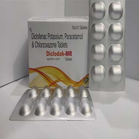 Product Name: Diclodak MR, Compositions of Diclodak MR are Diclofenac Potassium Paracetamol & Chlorzoxazone Tablets - Dakgaur Healthcare