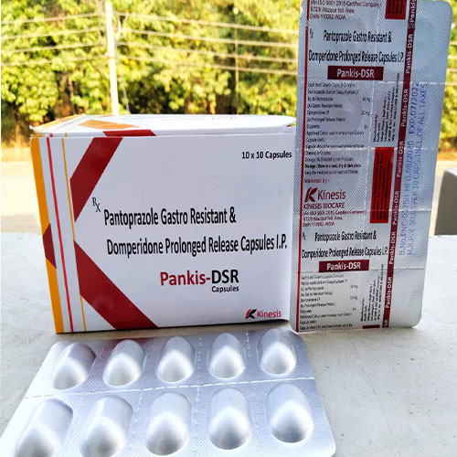 Product Name: Pankis DSR, Compositions of Pantaprazole 40 mg  Domperidone 30 mg Sustained Release Capsules are Pantaprazole 40 mg  Domperidone 30 mg Sustained Release Capsules - Kinesis Biocare