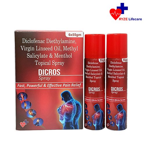 Product Name: DICROS Spray, Compositions of DICROS Spray are Diclofenac Diethylamine, Virgin Linseed Oil , Methyl Salicylate & menthol Topical Spray. - Ryze Lifecare