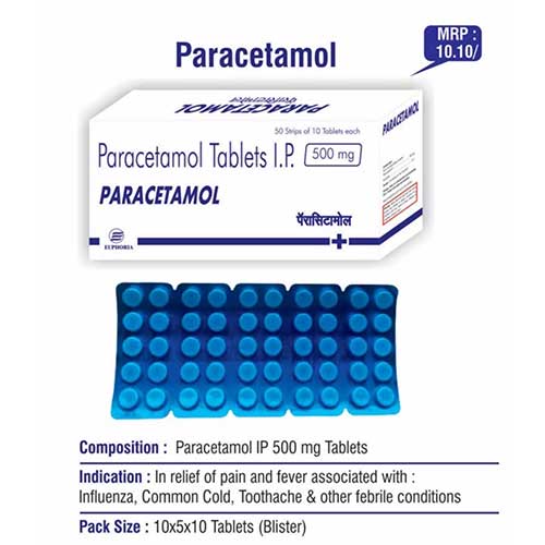 Product Name: Paracetamol, Compositions of Paracetamol are Paracetamol Tablets IP - Euphoria India Pharmaceuticals