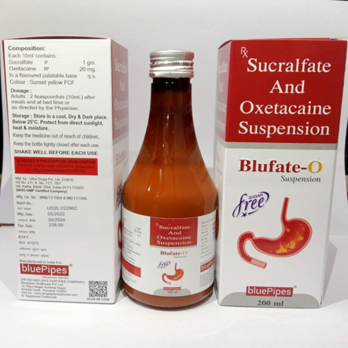 Product Name: BLUFATE O SUSPENSION, Compositions of BLUFATE O SUSPENSION are Sucralfate And Oxetacaine Suspension - Bluepipes Healthcare