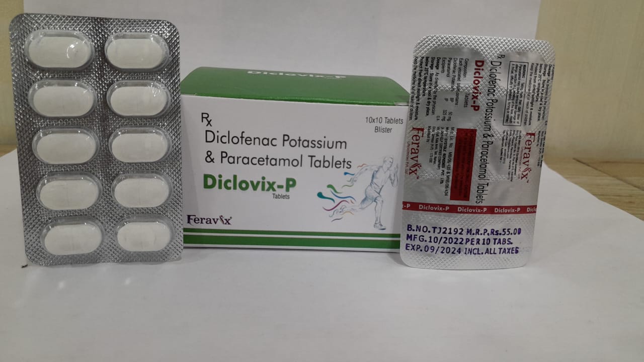 Product Name: DICLOVIX P Tablets, Compositions of DICLOVIX P Tablets are DICLOFENAC 50MG, PARACETAMOL 325MG - Feravix Lifesciences