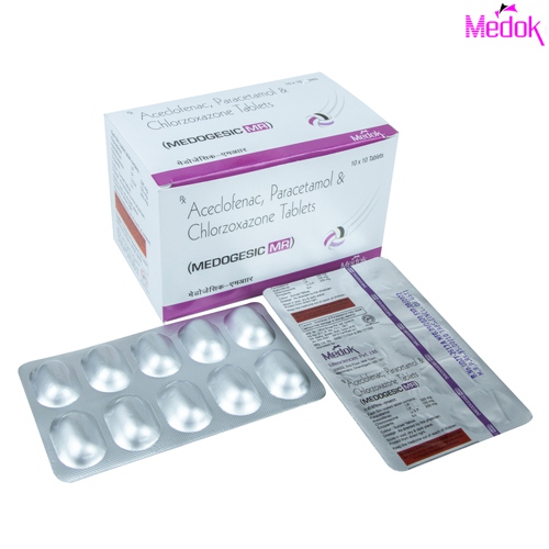 Product Name: Medogesic MR, Compositions of Medogesic MR are Aceclofenac 100 mg, Paracetamol 325 mg,Chlorozoxazone  (Alu-Alu) - Medok Life Sciences Pvt. Ltd