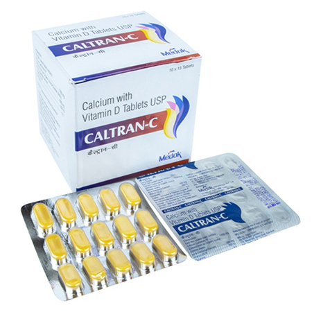 Product Name: Caltran C, Compositions of Caltran C are Calcium with Vitamin D Tablets USP - Medok Life Sciences Pvt. Ltd