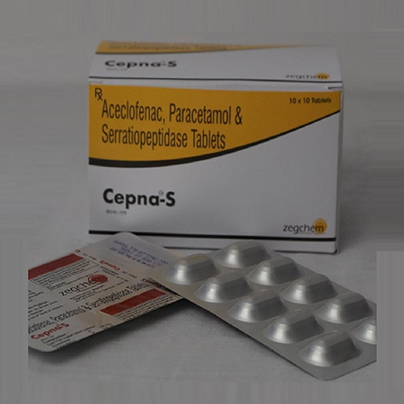 Product Name: Cepna S, Compositions of Cepna S are Aceclofenac,Paracetamol  & Serratiopeptidase Tablets - Zegchem