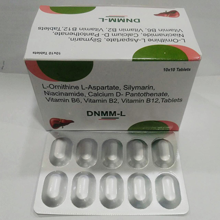 Product Name: DNMM L, Compositions of DNMM L are L-Ornitine L-Aspartate,Silymarin,Niacinamide,Calcium D-Pantothenate,Vitamin B6,Vitamin B2,Vitamin B12,Tablets - Safe Life Care