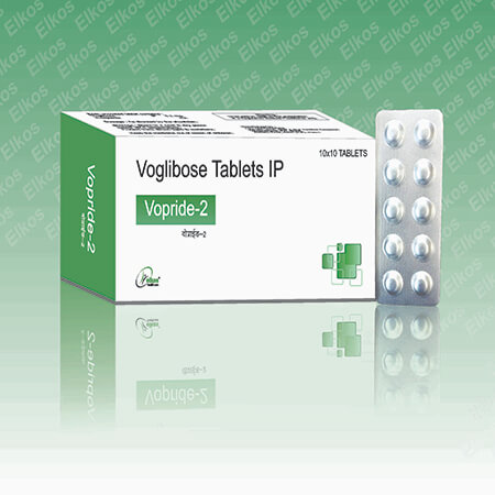 Product Name: Vopride 2, Compositions of Vopride 2 are Voglibose Tablets IP - Elkos Healthcare Pvt. Ltd