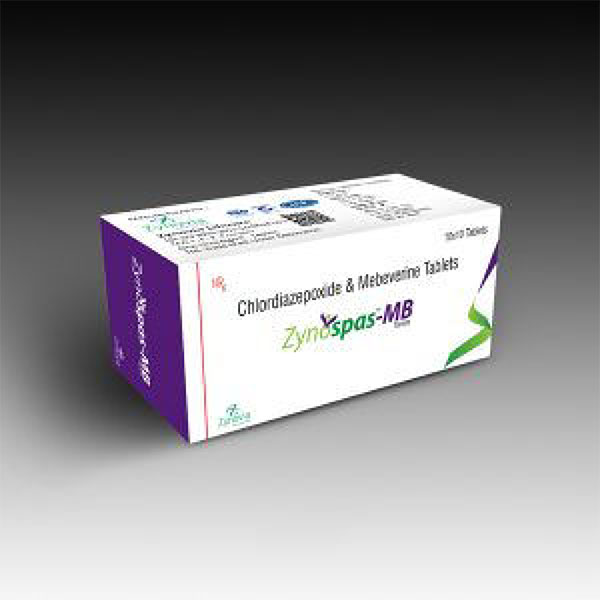 Product Name: Zynospas MB, Compositions of Zynospas MB are Chlordiazepoode & Mebevenne Tablets - Zynovia Lifecare