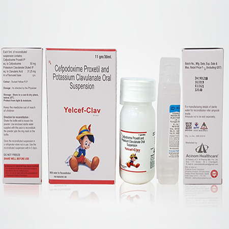 Product Name: Yelcef clav, Compositions of Yelcef clav are Cefpodoxime Proxetil and Potassium Clavulanate Oral Suspension - Acinom Healthcare