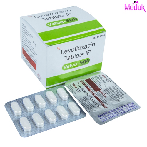 Product Name: Velvo 500, Compositions of Velvo 500 are Levofloxacin Tablet IP - Medok Life Sciences Pvt. Ltd