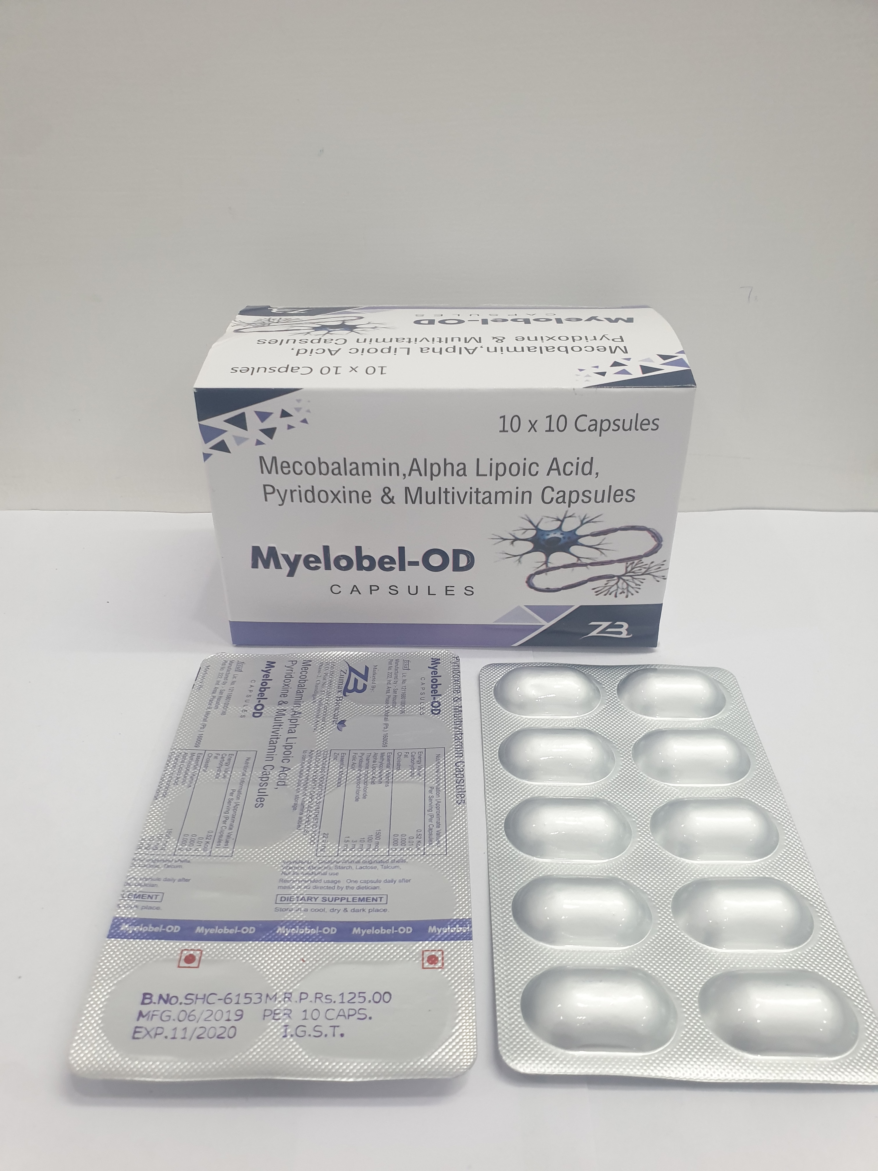 Product Name: Myelobel OD, Compositions of Mecobalamin, Alpha Lipoi Acid, Pyridoxine & Multivitamin Capsules are Mecobalamin, Alpha Lipoi Acid, Pyridoxine & Multivitamin Capsules - Zumax Biocare